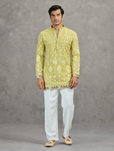Pista green short silk embroidered festive kurta suit