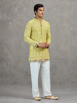 Pista green short silk embroidered festive kurta suit