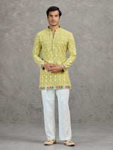 Pista green short silk embroidered festive kurta suit