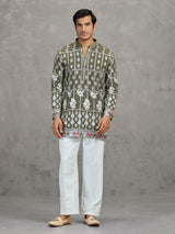 Olive short silk embroidered festive kurta suit