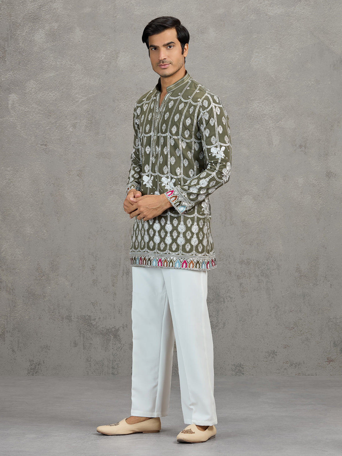 Olive short silk embroidered festive kurta suit