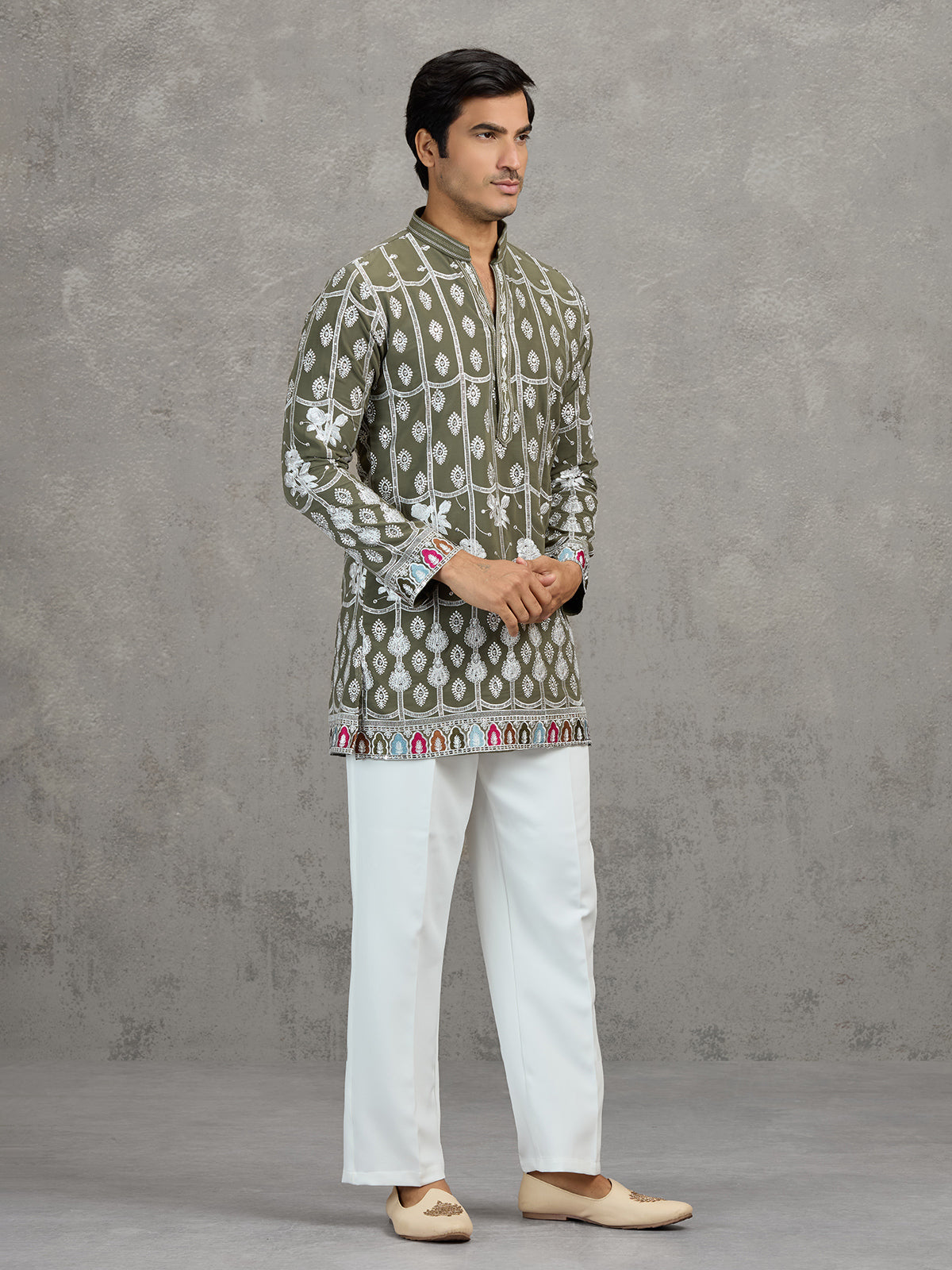Olive short silk embroidered festive kurta suit