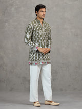 Olive short silk embroidered festive kurta suit