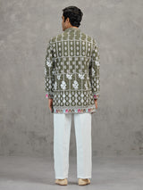 Olive short silk embroidered festive kurta suit