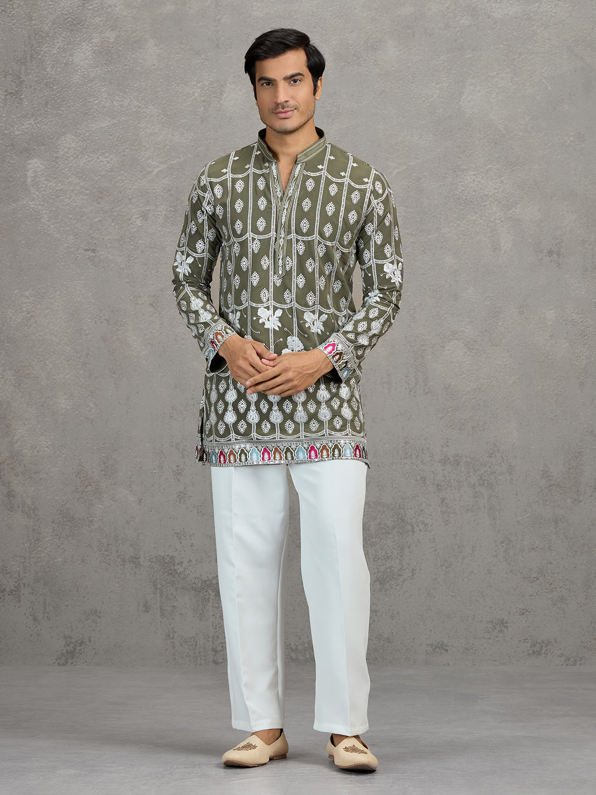Olive short silk embroidered festive kurta suit