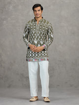 Olive short silk embroidered festive kurta suit