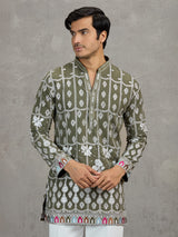 Olive short silk embroidered festive kurta suit