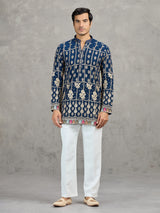 Navy blue short silk embroidered festive kurta suit