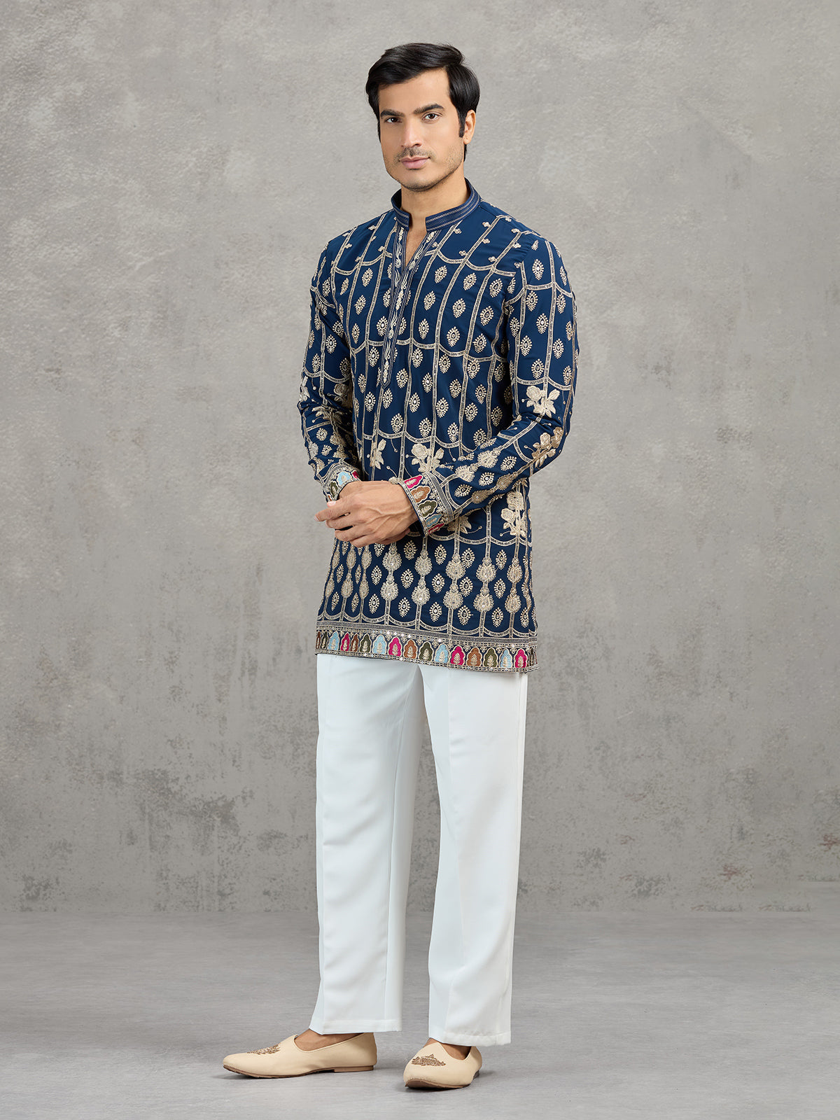 Navy blue short silk embroidered festive kurta suit