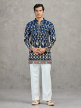 Navy blue short silk embroidered festive kurta suit