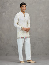 Cream short silk embroidered festive kurta suit