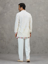 Cream short silk embroidered festive kurta suit