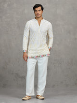 Cream short silk embroidered festive kurta suit