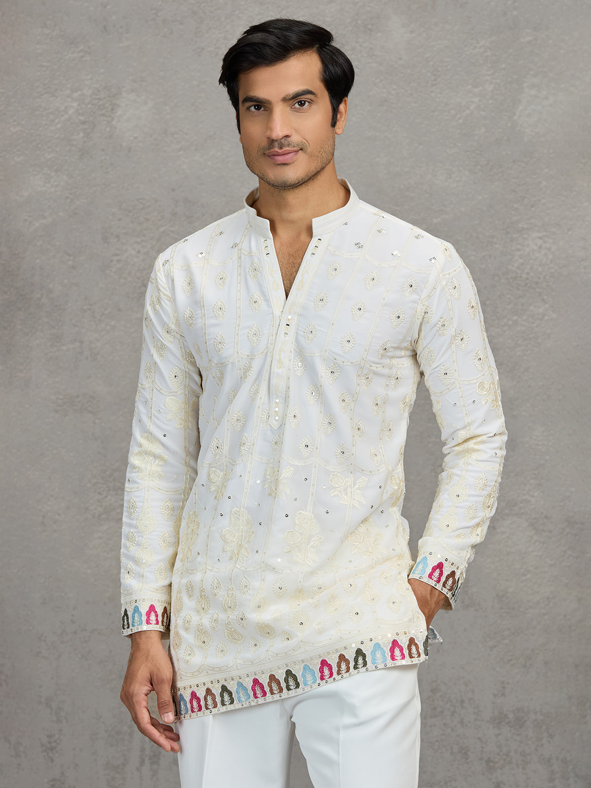 Cream short silk embroidered festive kurta suit