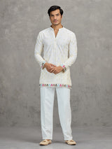 Cream short silk embroidered festive kurta suit