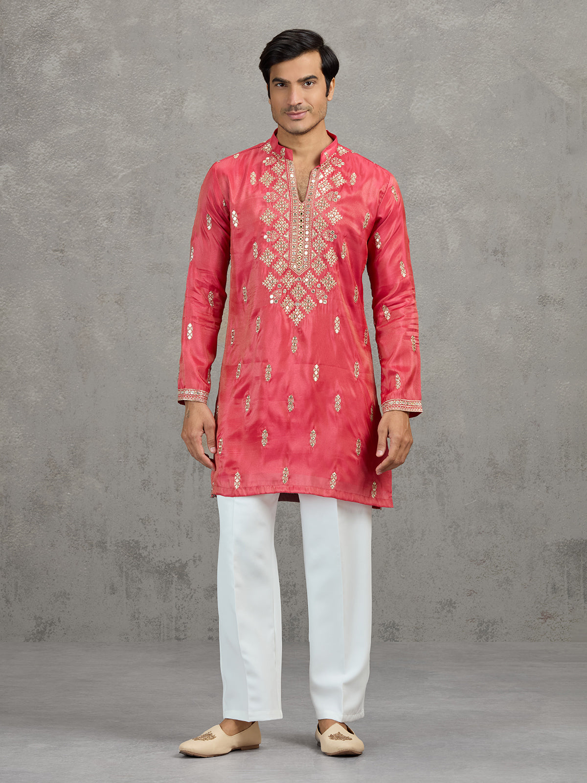 Pastel deep pink tissue embroidered festive kurta suit