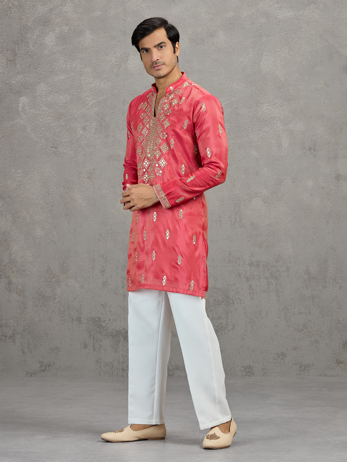 Pastel deep pink tissue embroidered festive kurta suit