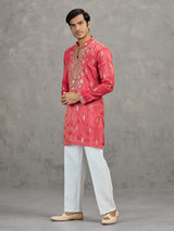 Pastel deep pink tissue embroidered festive kurta suit