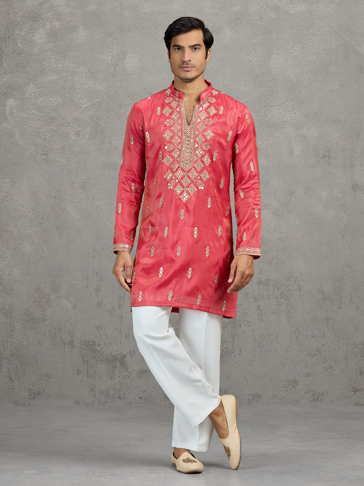 Pastel deep pink tissue embroidered festive kurta suit