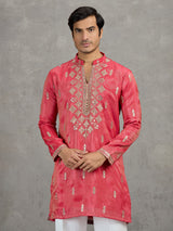 Pastel deep pink tissue embroidered festive kurta suit