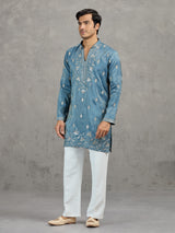 Pastel stone grey tissue embroidered festive kurta suit