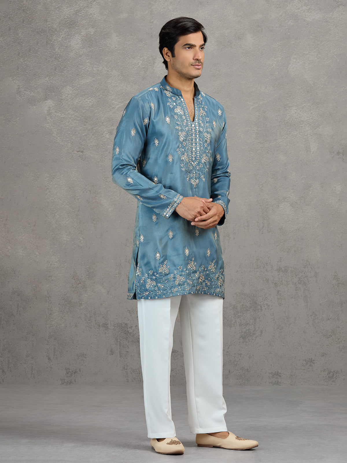 Pastel stone grey tissue embroidered festive kurta suit