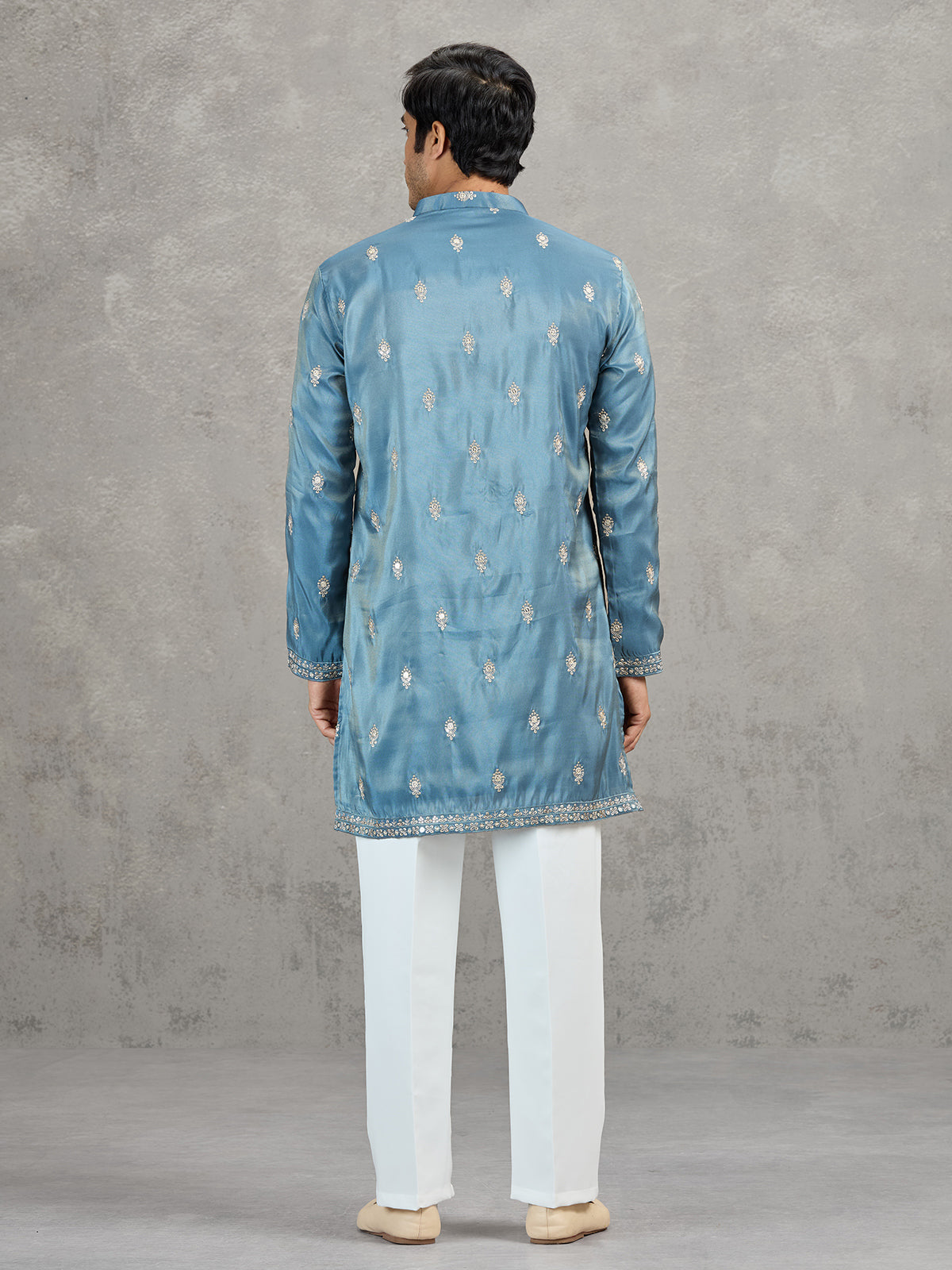 Pastel stone grey tissue embroidered festive kurta suit