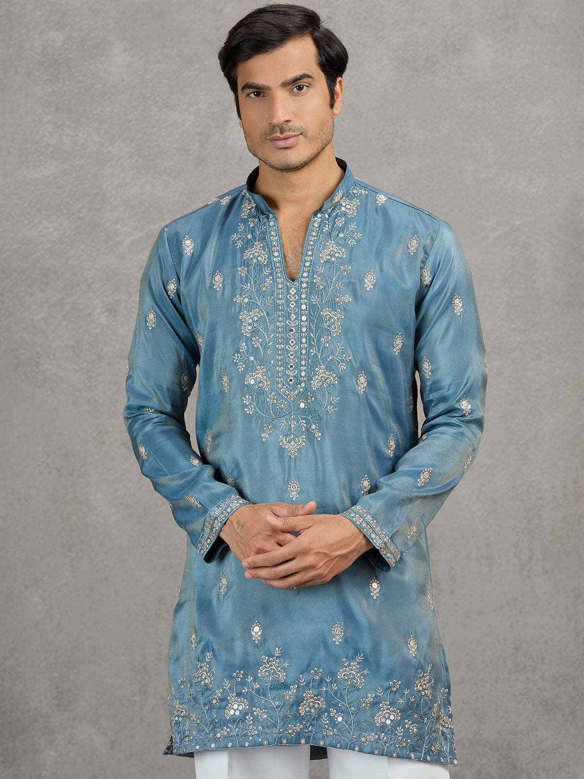Pastel stone grey tissue embroidered festive kurta suit