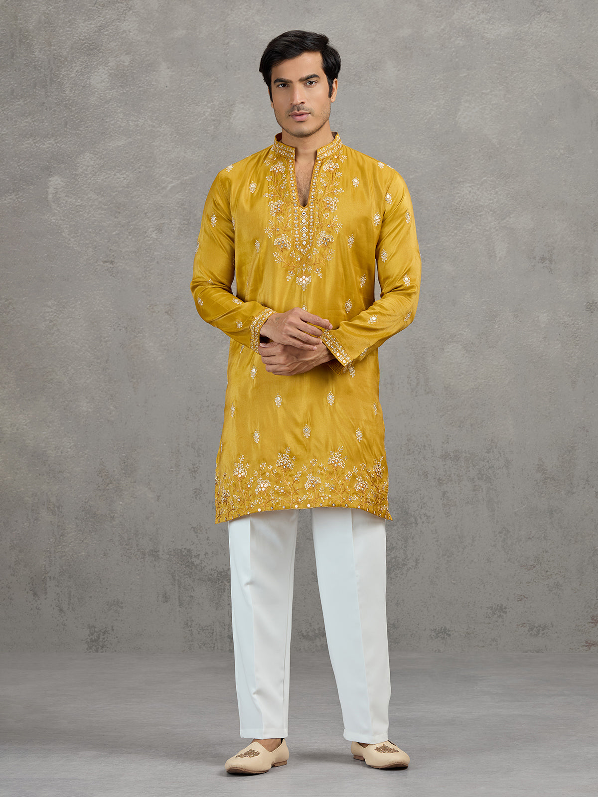 Mustard yellow tissue embroidered festive kurta suit