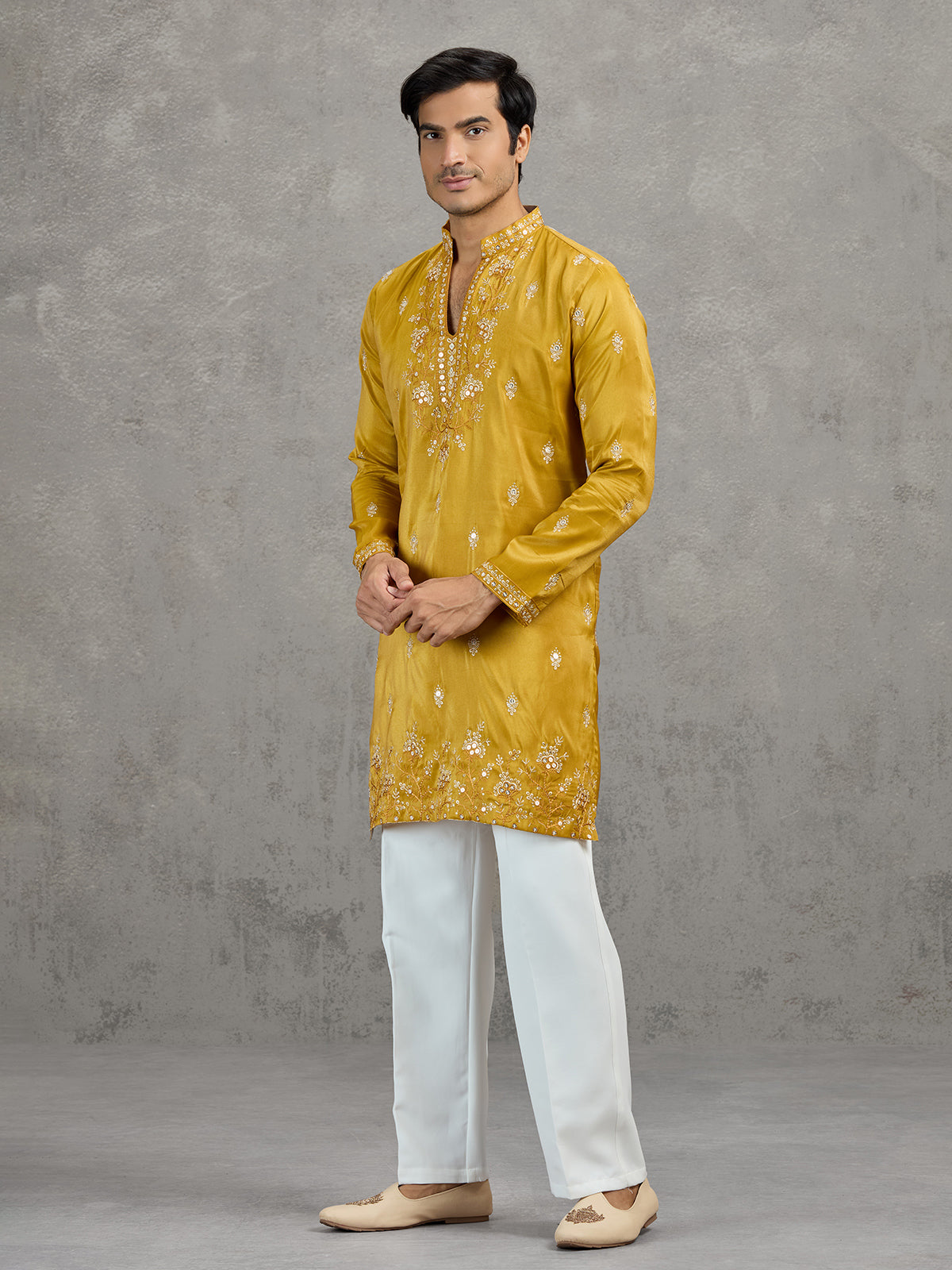 Mustard yellow tissue embroidered festive kurta suit