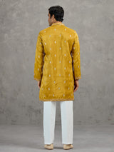 Mustard yellow tissue embroidered festive kurta suit
