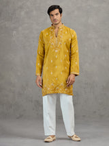 Mustard yellow tissue embroidered festive kurta suit