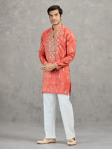 Orange tissue embroidered festive kurta suit