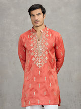 Orange tissue embroidered festive kurta suit