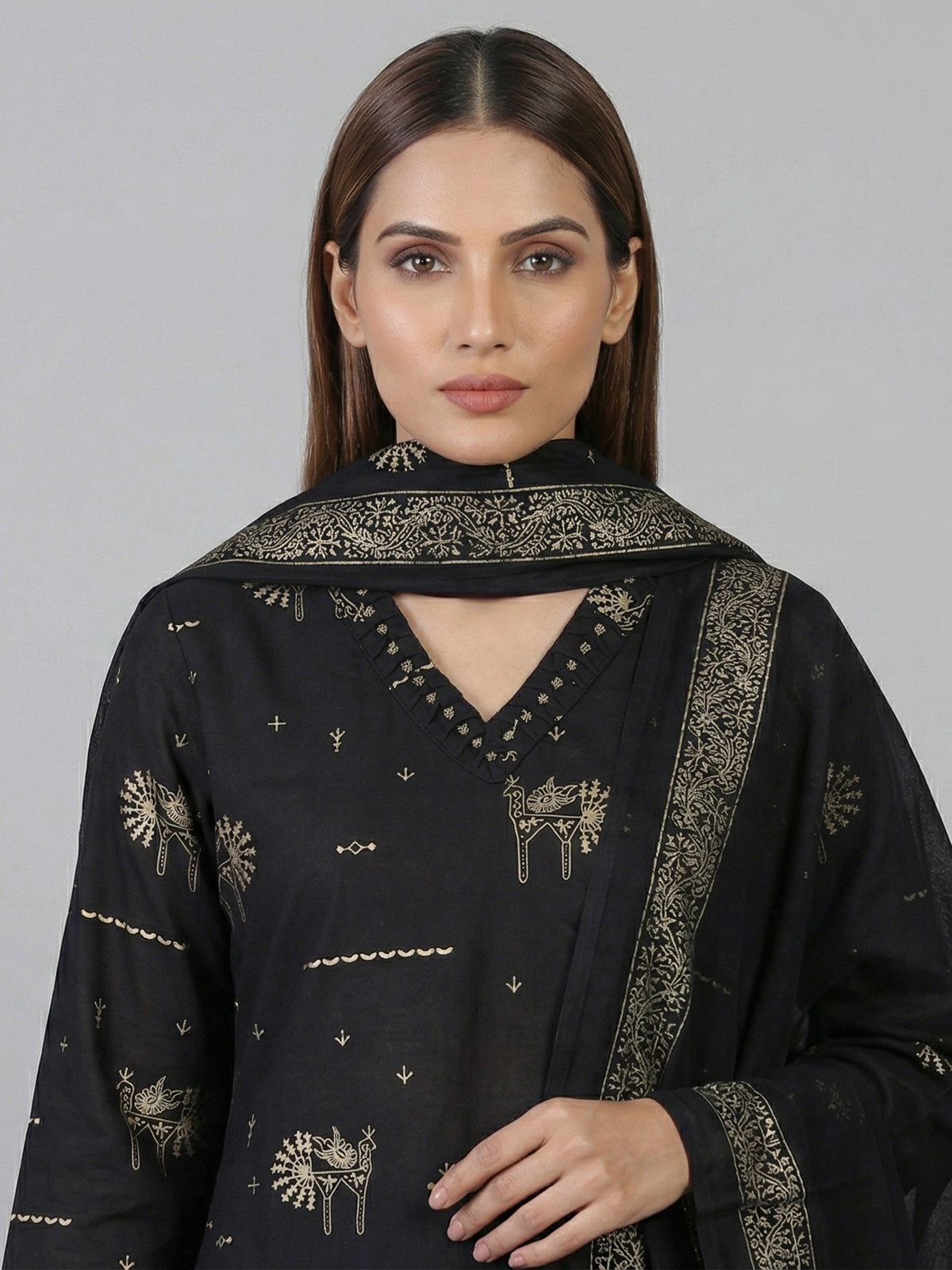 Black silk printed straight cut festive kurti set