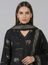Black silk printed straight cut festive kurti set