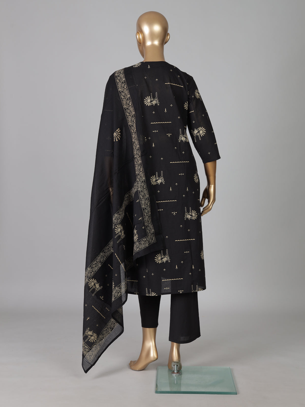 Black silk printed straight cut festive kurti set
