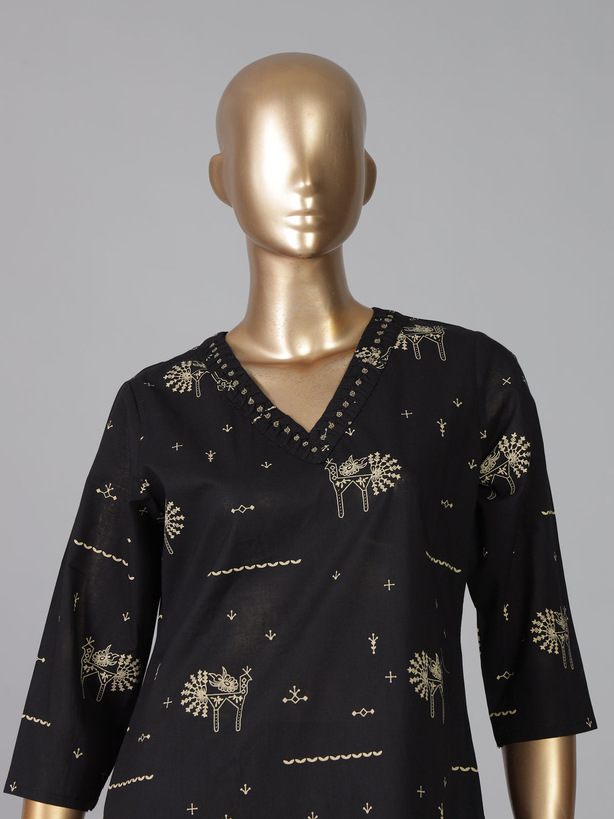 Black silk printed straight cut festive kurti set