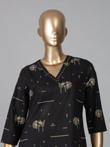 Black silk printed straight cut festive kurti set