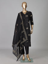 Black silk printed straight cut festive kurti set