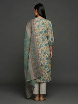 Blue off white cotton silk yoke style festive kurti set