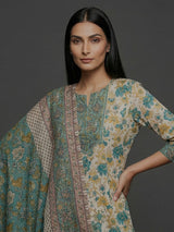 Blue off white cotton silk yoke style festive kurti set
