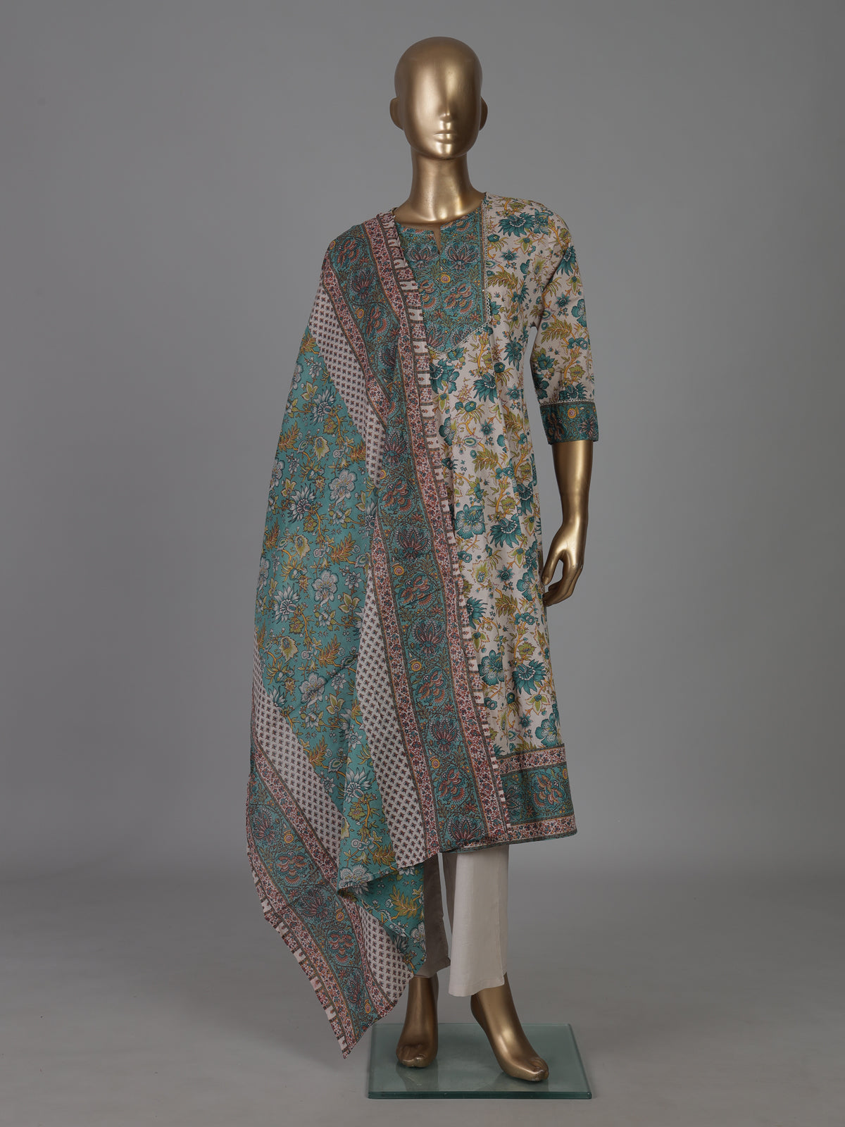Blue off white cotton silk yoke style festive kurti set