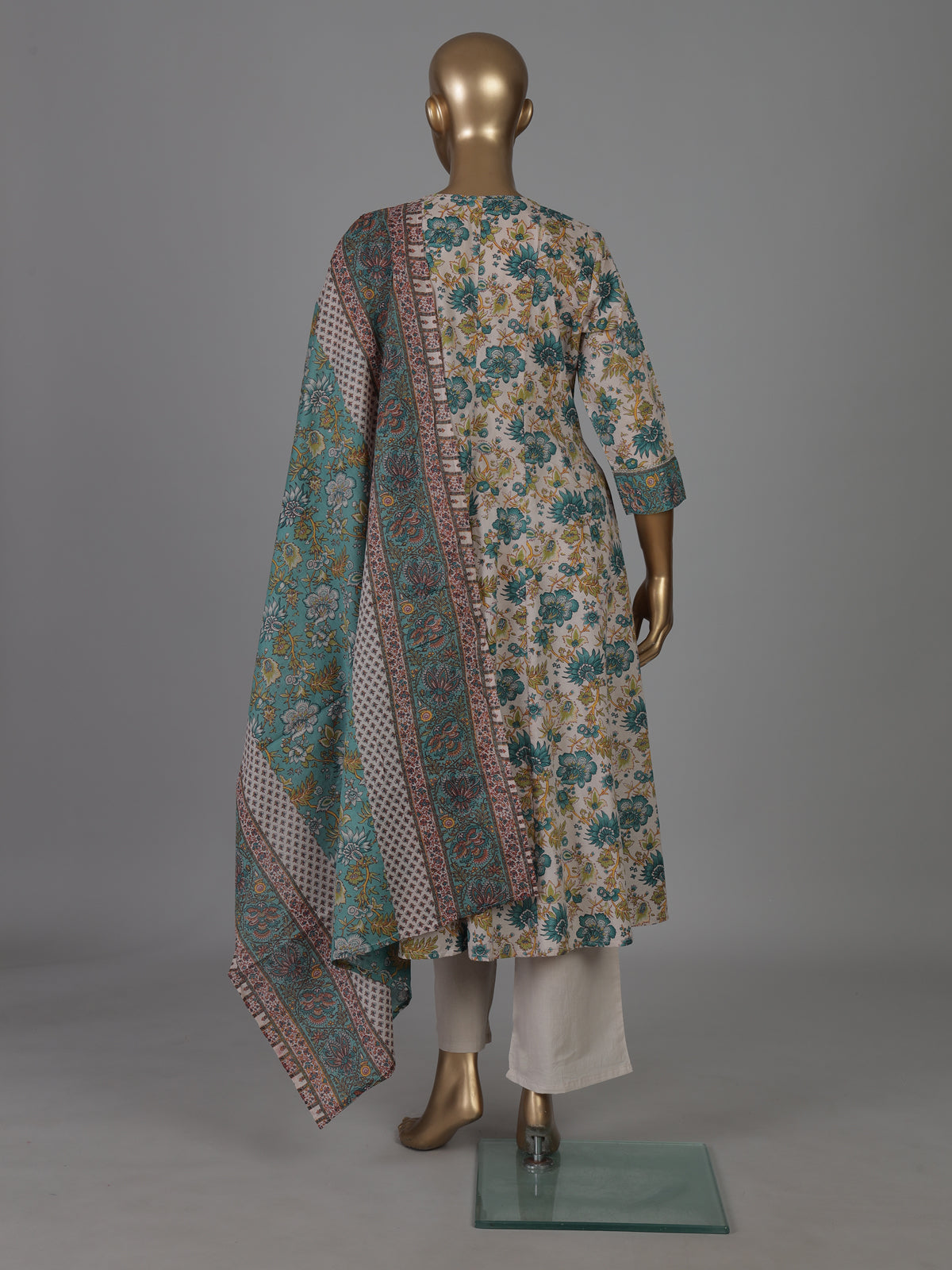 Blue off white cotton silk yoke style festive kurti set