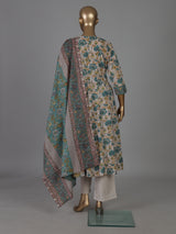 Blue off white cotton silk yoke style festive kurti set