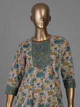 Blue off white cotton silk yoke style festive kurti set