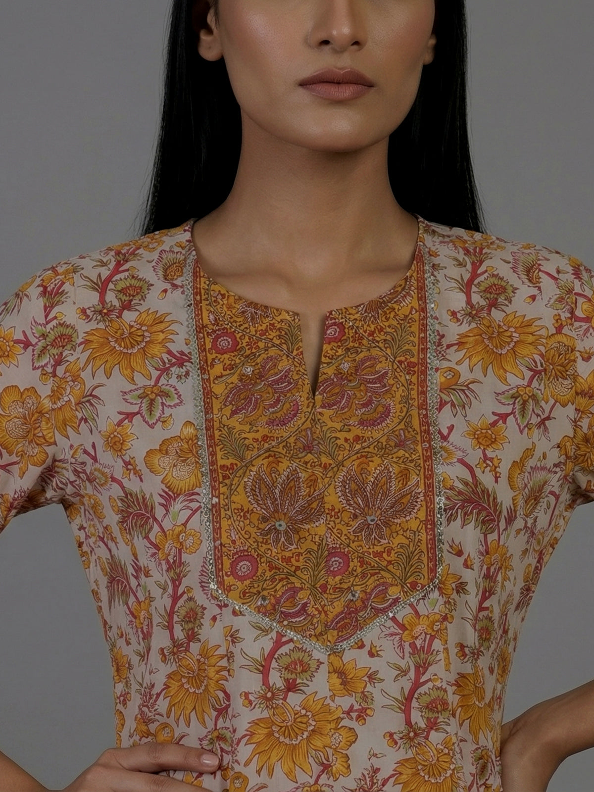 Yellow off white cotton silk yoke style kurti set