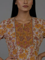 Yellow off white cotton silk yoke style kurti set