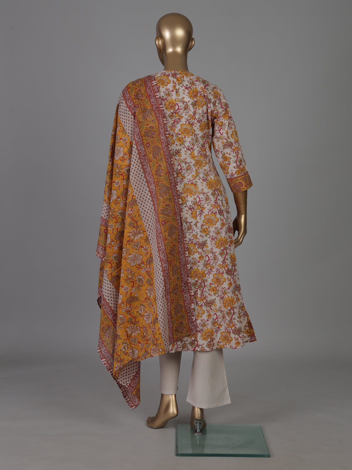 Yellow off white cotton silk yoke style kurti set