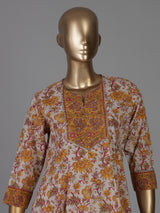 Yellow off white cotton silk yoke style kurti set